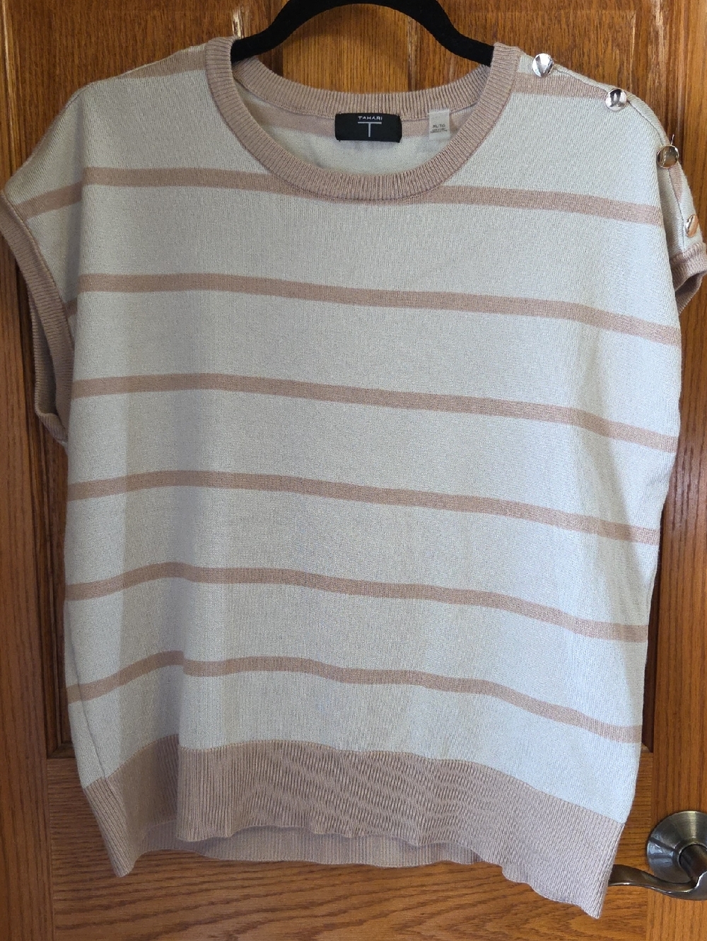 Tahari Cream and Tan Striped Sleeveless Knit Top with Shoulder Buttons